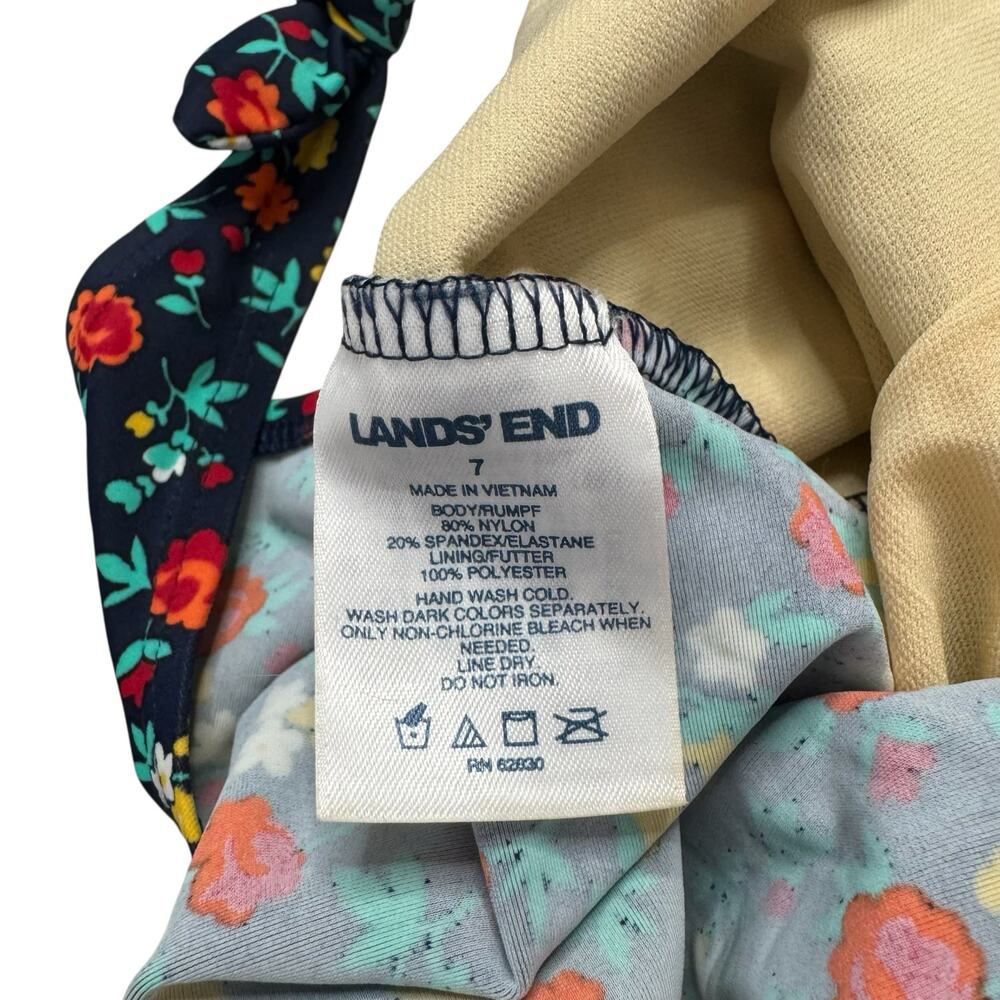 LANDS END Navy Floral Bow One Piece Girls Swim Suit Size 7 Red Yellow Strap - Picture 3 of 5